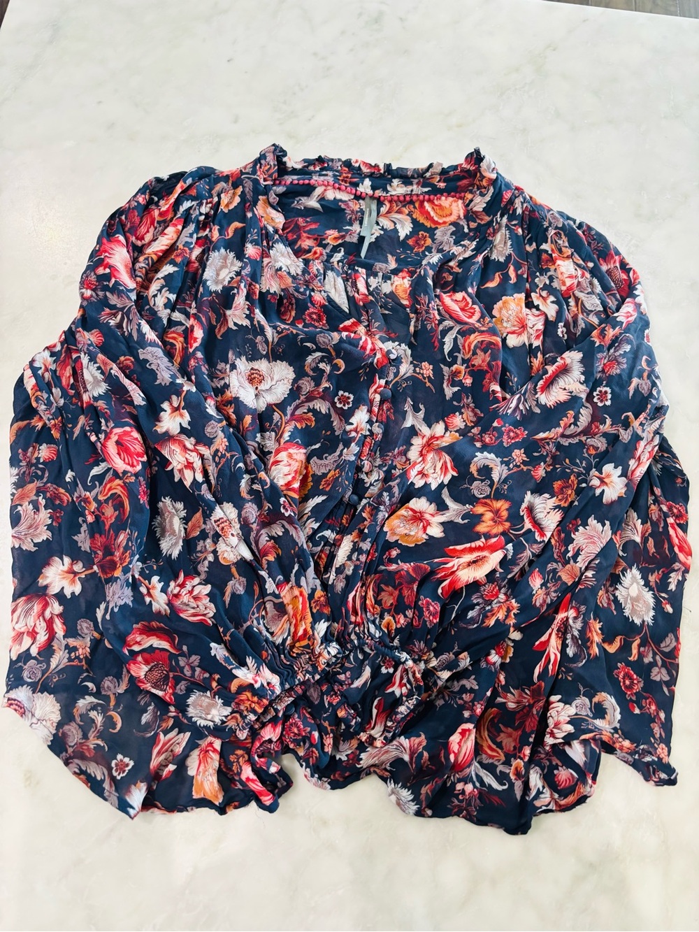 Anthropologie Navy Floral Wrap Blouse with Pink & Orange Accents